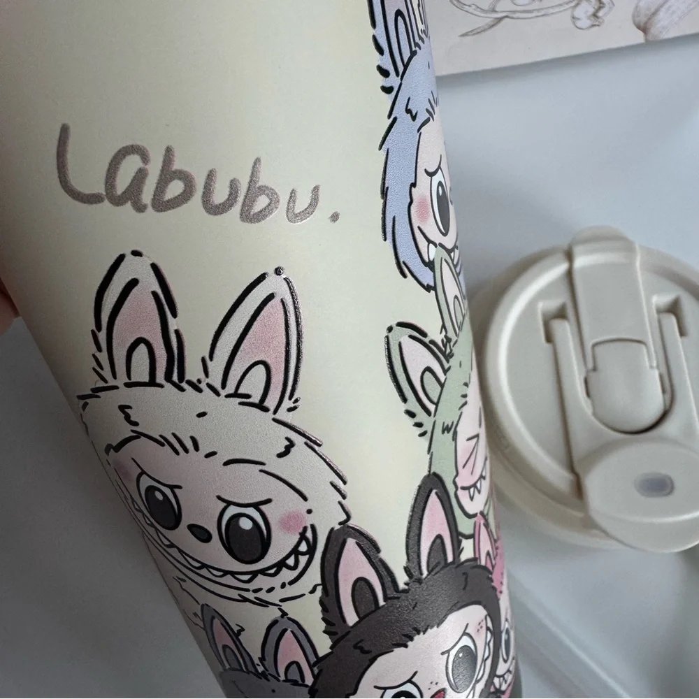 Coffee Travel Mug Cup- Cream Labubu Macaron print with charm - Picture 9 of 9